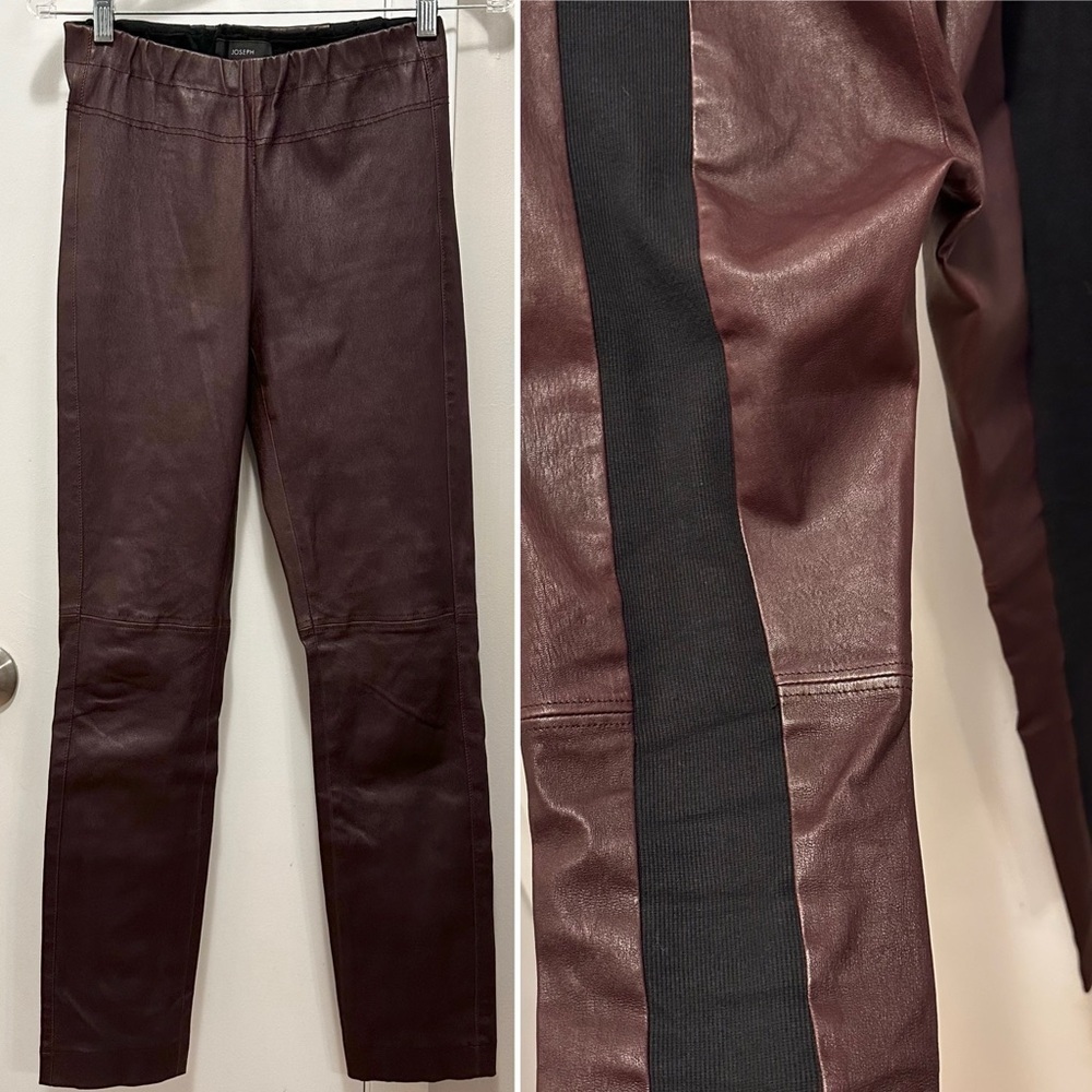 Joseph Burgundy Lambskin Leather Leggings w. Back Black Knit Panels S